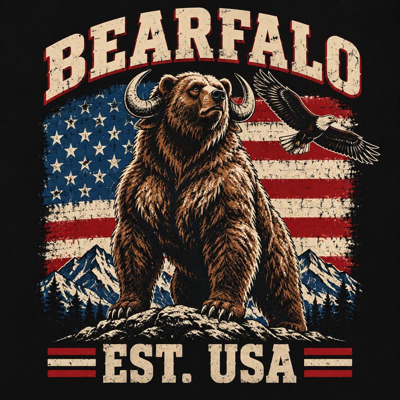 Bearfalo standing on a mountain peak with an eagle and American flag, Bearfalo Est. USA